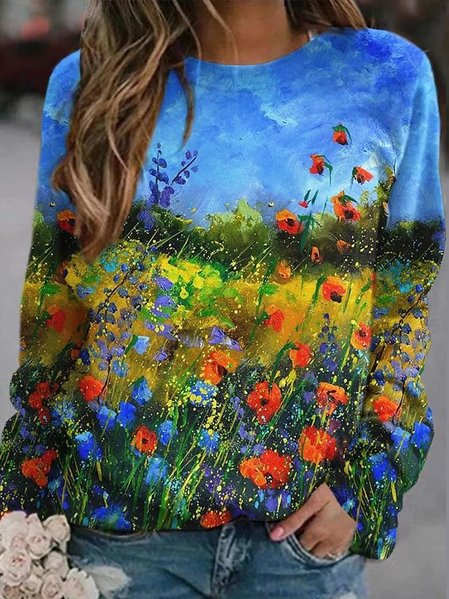 

Floral Crew Neck Regular Fit Casual Sweatshirt, Blue, Sweatshirts & Hoodies