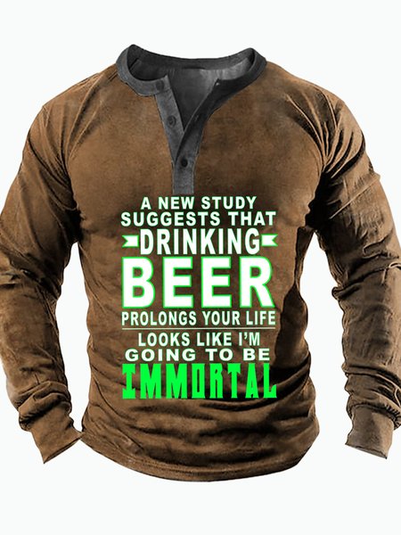 

Men's Drinking Prolongs Your Life Funny Graphic Print Text Letters Half Turtleneck Casual Regular Fit Top, Khaki, Long Sleeves