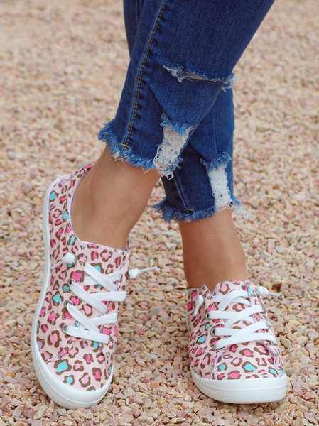 

Leopard Graphic-Print Denim Lace-Up Canvas Flats, Blue, Sneakers