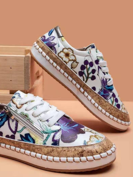 

Floral Graphic-Print Denim Lace-Up Canvas Flats, Purple, Sneakers