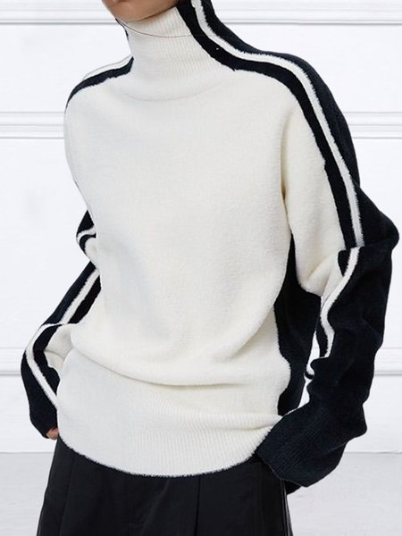

Color Block Loose Urban Turtleneck Loose Sweater, White, Pullovers