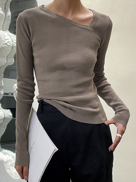 

Asymmetrical Plain Regular Fit Simple Sweater, Gray-brown, Pullovers