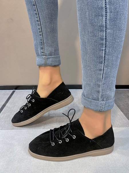 

Plus Size Minimalist Lace-up Front Faux Suede Flat Shoes, Black, Flats