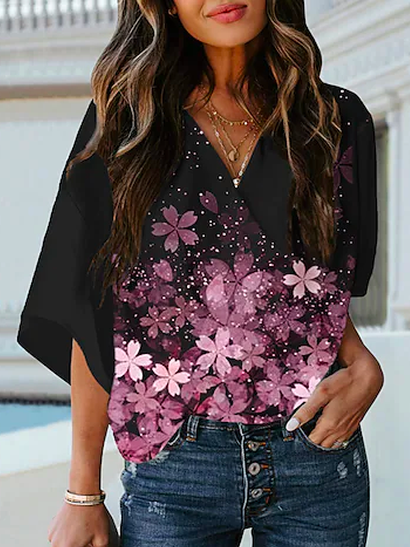 

Crew Neck Loose Floral Boho Blouse, Black, Shirts & Blouses