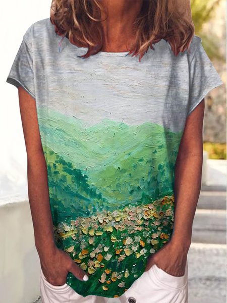 

Loose Crew Neck Floral Casual T-Shirt, Green, Tops