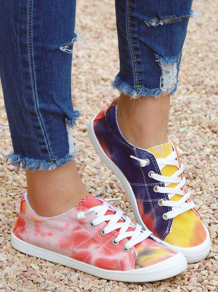 

Tie-Dye Pattern Graphic-Print Denim Lace-Up Canvas Flats, Red, Sneakers