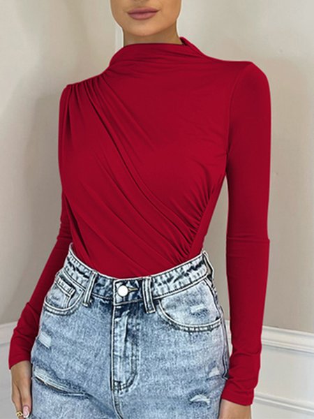 

Tight Elegant Long Sleeve Plain T-Shirt, Red, Tees