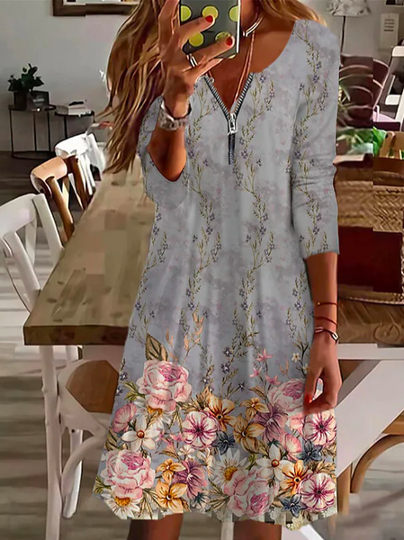 

Boho Floral Crew Neck Dress, Multicolor, Dresses