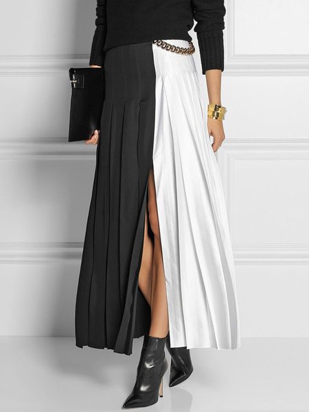 

Color Block Regular Fit Pleated Elegant Skirt, Black-white, Skirts