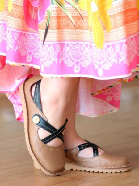 

Vintage Color Block Button Decor Flat Shoes, Khaki, Flats