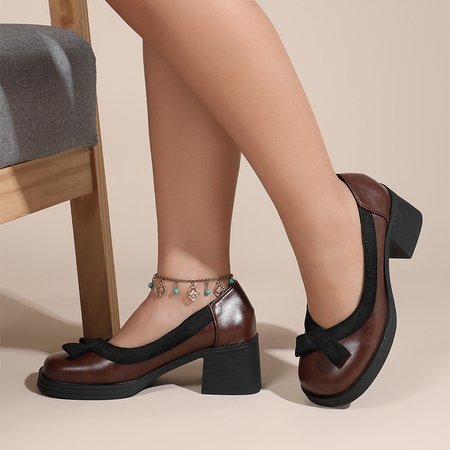 

Color Block Bow Decor Block Heel Shoes, Brown, Heels