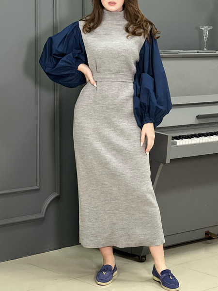 

Half Turtleneck Elegant Regular Fit Dress, Gray, Maxi Dresses
