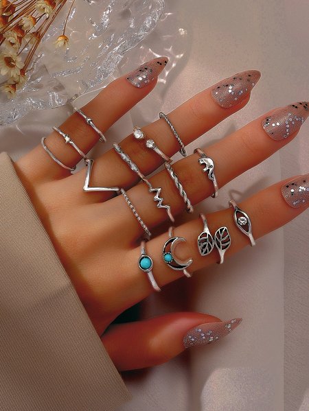 

15Pc Bohemian Holiday Style Inlaid Turquoise Multilayer Ring Ethnic Style Vintage Beach Jewelry, Silver, Rings