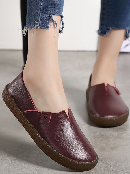 

Solid Color Leather Soft Sole Casual Shoes, Datered, Flats