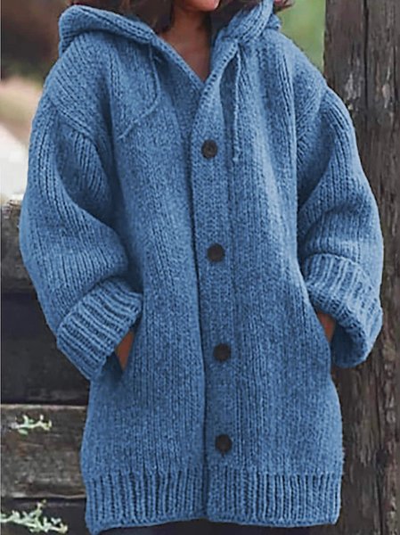 

Button Down Hooded Knitted Cardigan Plus Size Knit coat, Blue, Outerwear
