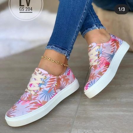 

Leaf Graphic-Print Denim Lace-Up Canvas Flats, Pink, Sneakers