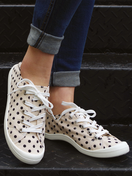 

Polka dots Graphic-Print Denim Lace-Up Canvas Flats, Beige, Sneakers