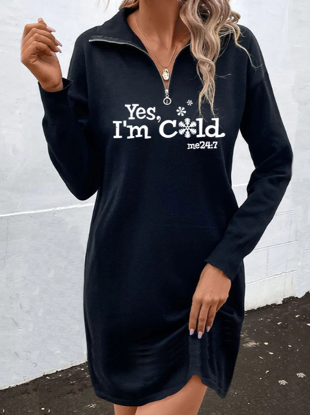 

V Neck Text Letters Casual Dress, Black, Mini Dresses