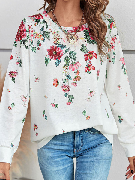 

Crew Neck Cotton-Blend Casual Loose T-Shirt, White, T-Shirts