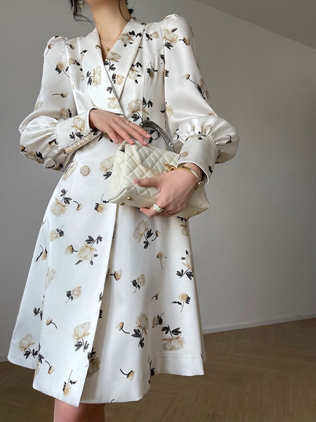 

Floral Regular Fit Satin Elegant Dress, White, Midi Dresses