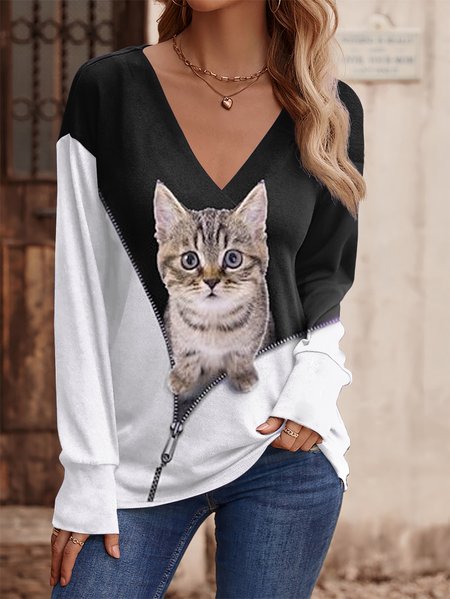 

Casual Color Block V Neck Cat T-Shirt, Black-white, Tops