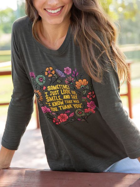 

floral letter print loose pullover T-shirt tunic, Deep gray, Tops