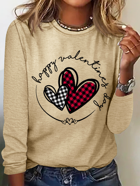 

Women‘s Buffalo Plaid Heart Valentines Day Simple Long Sleeve Top, Khaki, Long sleeves