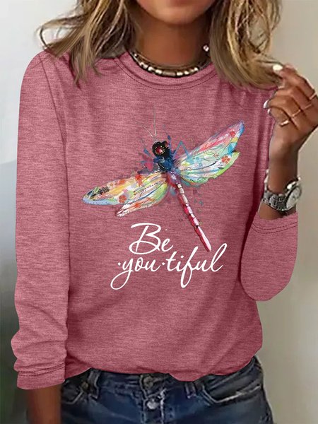 

Women's Dragonfly Letters Print Crew Neck Casual Top, Rose red, Long sleeves