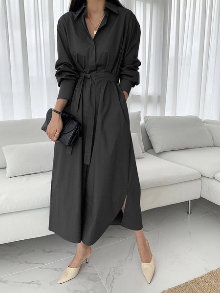 

Plain Elegant Shirt Collar Long sleeve Plain Dress, Black, Midi Dresses