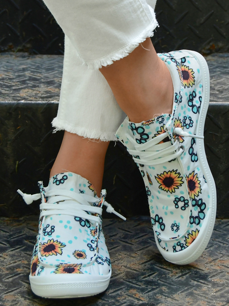 

Sunflower Graphic-Print Denim Lace-Up Canvas Flats, Blue, Sneakers