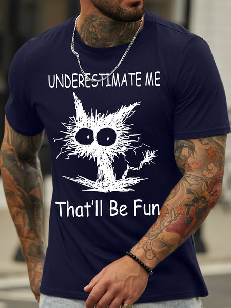 

Men's Underestimate Me That‘Ll Be Fun Funny Grumpy Black Cat Graphic Print Cotton Casual Text Letters Loose T-Shirt, Purplish blue, T-shirts