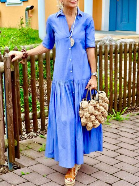 

Plain Shirt Collar Casual Loose Dress, Blue, Dresses
