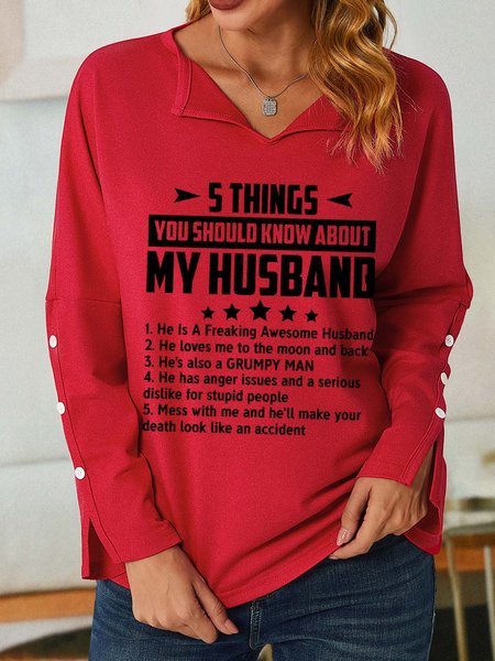 

Women Funny 5 Things You Should Know About My Wife V Neck Simple Text Letters Sweatshirt, Red, Hoodies&Sweatshirts