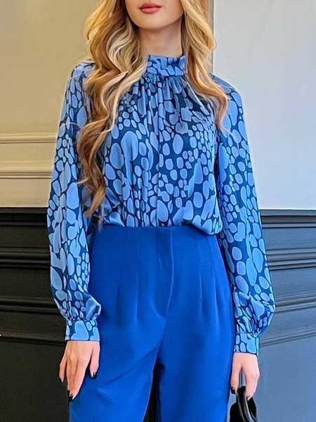 

Elegant Polka Dots Half Turtleneck Regular Fit Blouse, Blue, Blouses and Shirts