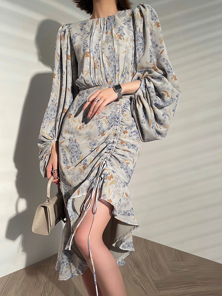 

Floral Crew Neck Elegant Dress, Light gray, Midi Dresses