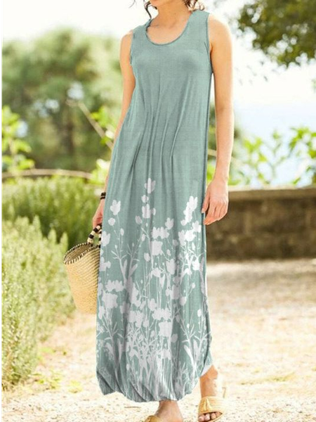 

Crew Neck Floral Casual Dress, Green, Maxi Dresses