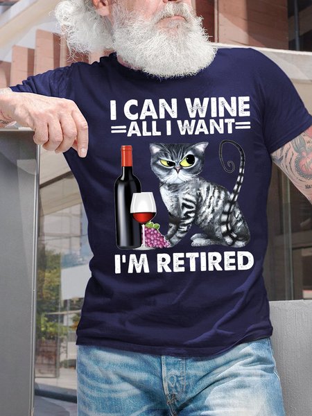 

Men's I Can Wine All I Want I Ma Retired Funny Grumpy Cat Graphic Print Text Letters Crew Neck Casual Cotton T-Shirt, Purplish blue, T-shirts
