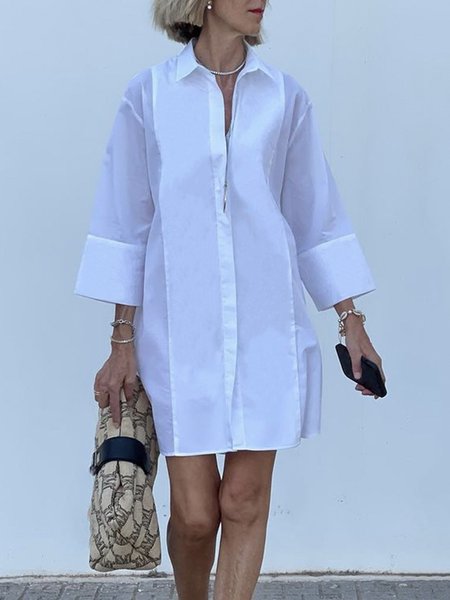 

Daily Plain Shirt Collar Elegant Three Quarter Dress, White, Mini Dresses