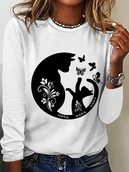 

Women's Lovely Butterfly Cat Print Women Slogan Regular Fit Simple Long Sleeve Top, White, Long sleeves