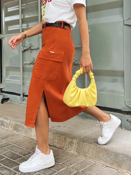 

Plain Regular Fit Elegant Skirt, Orange, Skirts