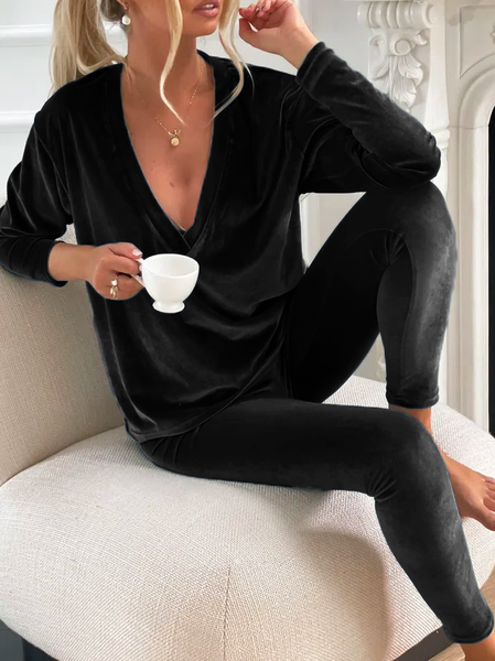 

Plain V Neck Velvet Two-Piece Set, Black, Suits