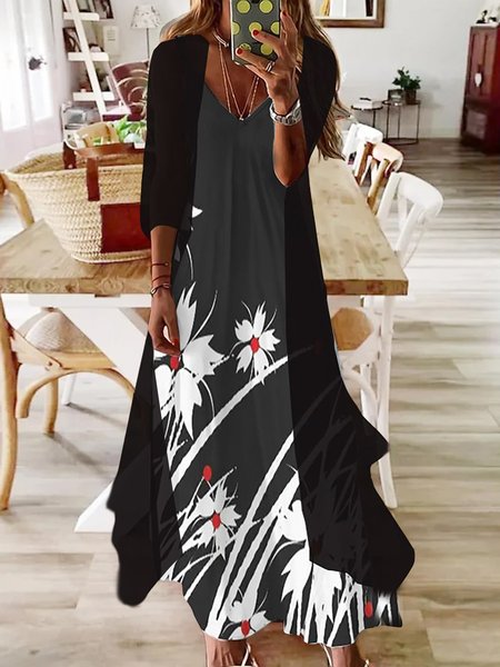 

Boho Floral Regular Fit V Neck Two-Piece Set, Black-grey, Suit Set