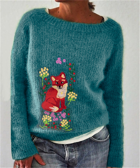 

Acrylic Animal Crew Neck Long Sleeve Sweater, Blue, Sweaters