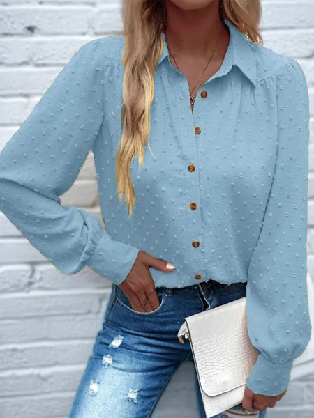 

Plain Long Sleeve Casual Buckle Blouse, Blue, Shirts