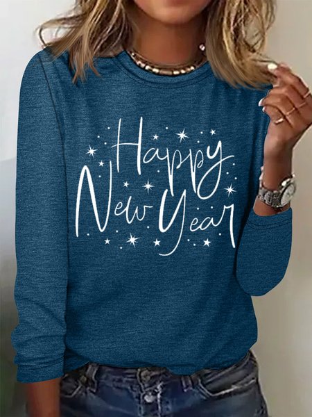 

Women's Happy New Year Crew Neck Letters Casual Top, Blue, Long sleeves