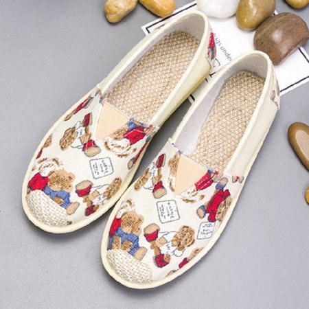 

Cat Graphic-Print Canvas Flat Shoes, Beige, Flats