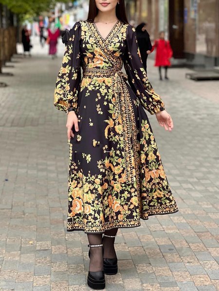 

Elegant V Neck Regular Fit Dress, Black, Midi Dresses
