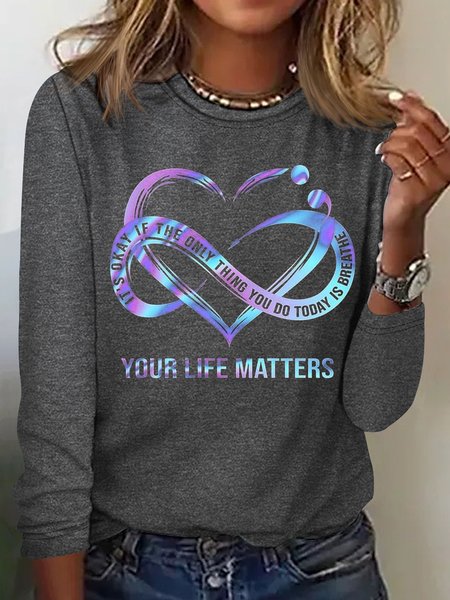 Women's Your Life Is Matter Casual Letters Top, Gray, Long sleeves