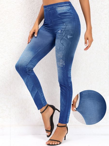 

Butterfly Print Denim Blue High Waisted Leggings, Leggings