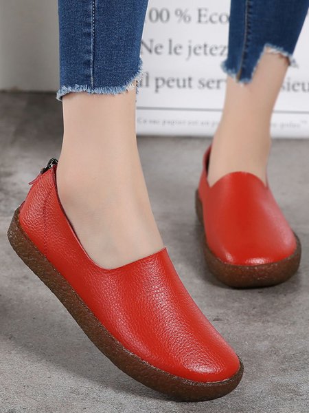 

Solid Color Cowhide Zipper Soft Sole Casual Shoes, Red, Flats